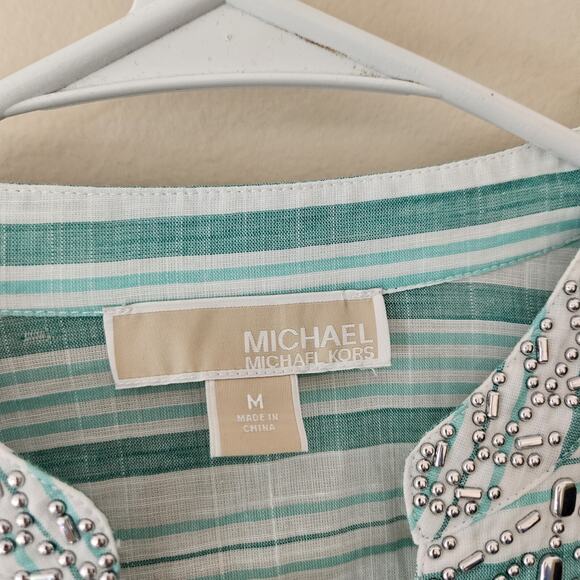 Michael Kors Womens Blouse Top Shirt Blue Embellished V Neck Cotton Medium - Picture 4 of 6